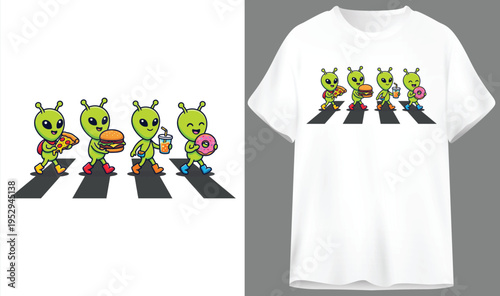 Happy green aliens crossing a striped road, carrying food for a fun alien themed t-shirt design, t shirt