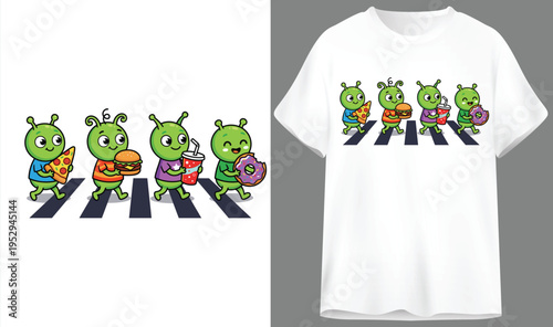 Cute cartoon caterpillars crossing abbey road with burgers and drinks for alien themed t-shirts design with t shirt design