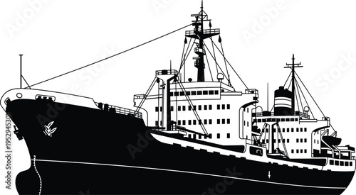 Cargo ship silhouette illustration, large industrial freight vessel, maritime transportation concept, ocean shipping industry, logistics trade, black vector isolated