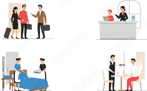 Cartoon hotel service illustration with receptionist, housekeeping, waiter, and bellhop for hospitality and tourism design