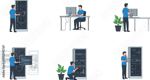 Cartoon IT professional illustration with servers, computers, and system maintenance for technology and infrastructure design