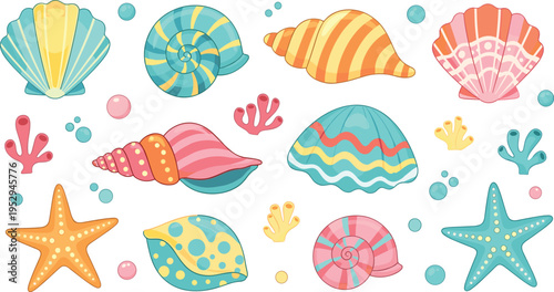 Colorful Sea Shell and Starfish Collection with Coral, Ocean Bubbles, and Decorative Marine Elements for Summer Beach Theme and Cute Vector Illustration Set