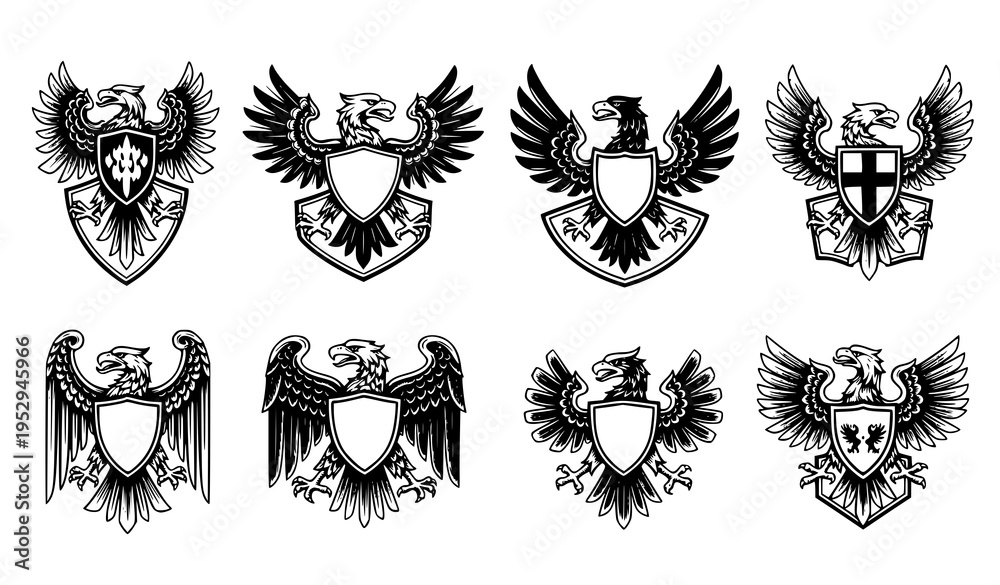 Fototapeta premium Heraldic eagle coat of arms emblem vector set with spread wings shields black medieval crest illustrations