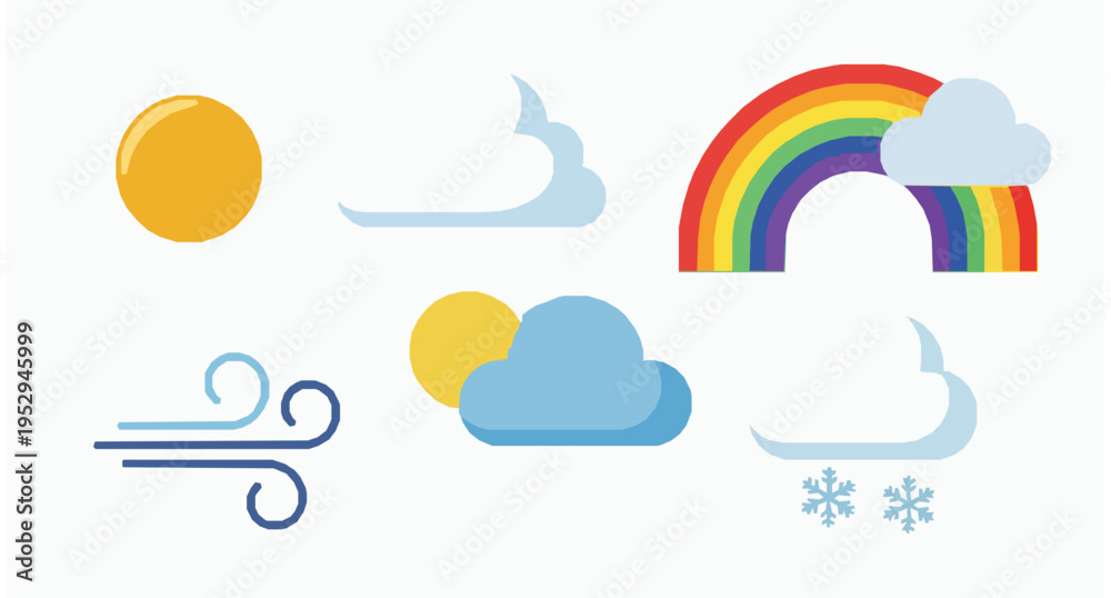 Obraz premium Cute Weather Elements Cartoon Set Sun Cloud Rainbow Vector Icons