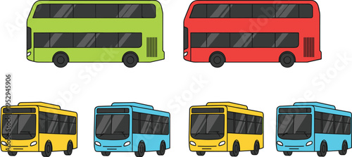 Cartoon bus illustration with double‑decker and single‑decker colorful vehicles for transport and education design