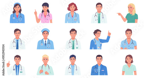 A set of diverse medical professionals in various poses on transparent background