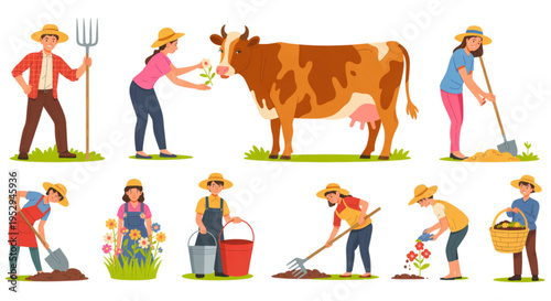 A colorful vector graphic illustration of farmers and farm workers engaged in various agricultural activities on transparent background
