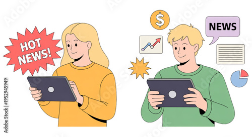 A vector graphic illustration of a man and woman holding tablets with news and finance symbols around them on transparent background