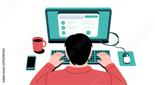 A man working on a laptop with a cup of coffee and phone nearby on transparent background