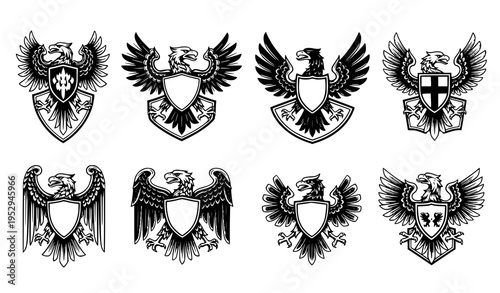 Heraldic eagle coat of arms emblem vector set with spread wings shields black medieval crest illustrations
