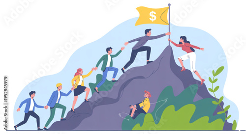 A group of people climbing a mountain with a flag on top, symbolizing teamwork and success on transparent background