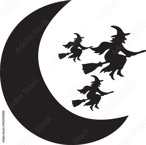 Witches Flying on Broomsticks Silhouette with Large Crescent Moon