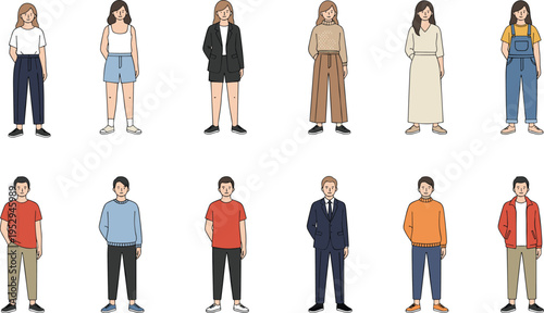 Cartoon fashion outfit illustration with men and women in casual and formal clothing styles for lifestyle design