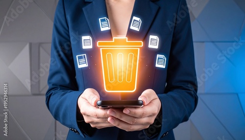 Conceptual Image of a Businessperson in a Blue Suit Holding a Smartphone with a Glowing Orange Trash Can Icon and Floating Digital Document Symbols Representing Data Deletion or File Management