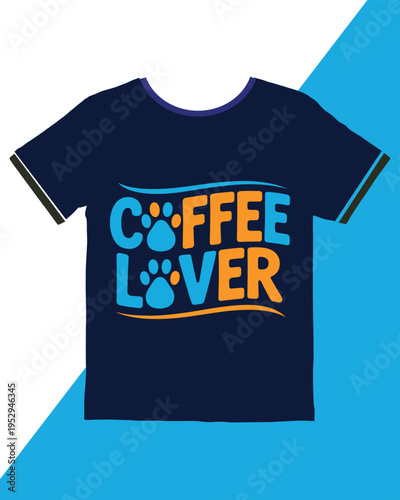 Navy blue tshirt with colorful coffee lover text and paw print design