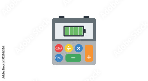 Calculator with battery icon on screen, colorful buttons
