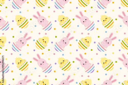 Cute bunny and chick inside Easter eggs with polka dot background in a seamless pattern. Great for children products, packaging, and festive artwork.