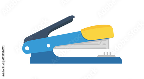 blue and yellow stapler on white background