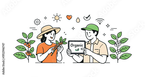 Remote Coffee Plantation Care. Two farmers examining coffee branches and discussing plant health, tablet or notebook showing a small label ?Organic?. Calm