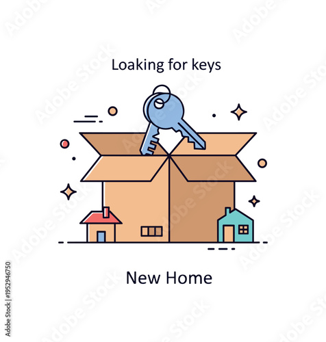 Looking for keys relocation and moving day theme with a cardboard box slightly open and a keyring resting on top, symbolizing new beginnings and transitions.