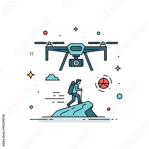 Outdoor adventure drone capture centered on a drone flying above a small hiker silhouette on a trail, symbolizing cinematic storytelling and active lifestyle