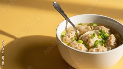 Delicious dumpling soup , hearty asian style meal with green onions and spoon