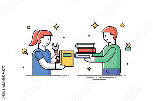 Neighborhood skill sharing initiative visualized through two simplified figures exchanging tools and books, communicating knowledge transfer and mutual