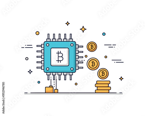 Digital currency mining process theme shown as a stylized chip icon generating small coin symbols, expressing blockchain validation and computational activity.