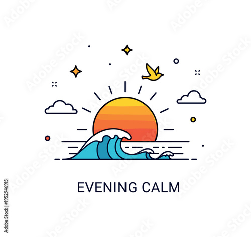 Sunset over ocean tropical evening composition featuring a round sun descending behind a simple wave silhouette with a small flying bird icon above,