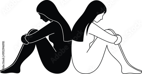 Sad woman silhouette sitting alone, depression and loneliness concept, mental health illustration showing emotional distress, isolation and anxiety in minimalist style