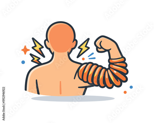 Muscle tension a visual metaphor where a human arm flexes like a tightened spring while small stress sparks appear around the shoulders and neck