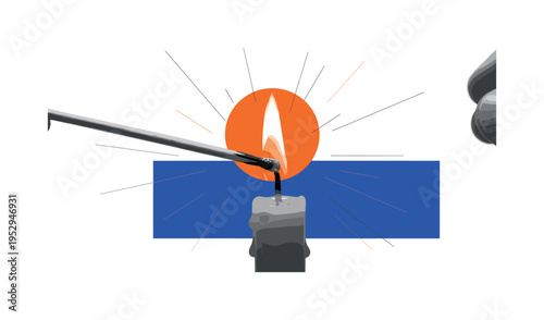 Black and white match igniting a candle flame, oversized bright orange sun circle behind ignition point, cobalt blue rectangular block crossing lower frame,