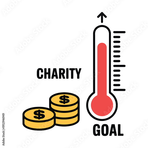 donation thermometer with coin stacks icon, charity fundraising progress symbol, nonprofit campaign goal tracker, financial contribution and support concept, modern simple vector illustration.