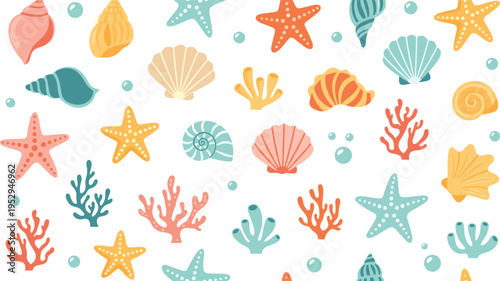 Colorful Sea Shells and Starfish Collection with Coral Reef Elements Cute Marine Ocean Illustration Set for Summer Designs, Beach Graphics, Stickers and Coastal Themes