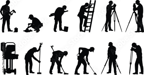 Surveyor and construction worker silhouettes with tripod, ladder and measuring tools, engineering and manual labor people at work icons set, black vector illustration isolated on white background