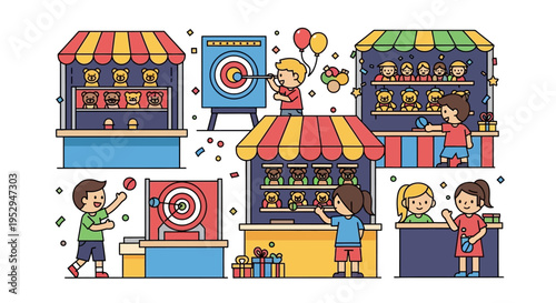 Children enjoying various games and activities at a vibrant outdoor carnival or funfair with colorful stalls and prizes.
