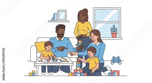 A diverse family enjoying playtime together in a cozy living room, with parents engaging with their children in creative activities like drawing and building blocks.