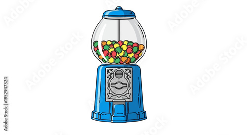 A vibrant blue gumball machine filled with an assortment of colorful candies, standing upright on a white background.