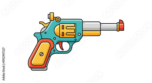 A vibrant, cartoon-style illustration of a classic toy cap gun revolver with colorful details, perfect for children's play themes.
