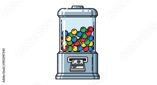 A classic gumball machine filled with an assortment of colorful chewing gum balls, featuring a coin slot and dispenser mechanism, illustrated in a clean vector style.