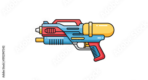 Vibrant cartoon illustration of a water gun with a large yellow tank and blue and red body, perfect for summer fun and playful activities.