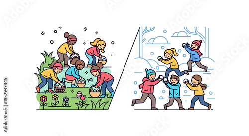Illustration depicting children enjoying outdoor activities in different seasons, with an Easter egg hunt in spring and a snowball fight in winter.
