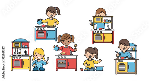 Illustration of multiple happy children playing with colorful toy kitchen sets, engaging in imaginative cooking activities.