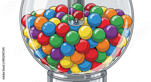 A clear glass gumball machine filled to the brim with a vibrant assortment of colorful round candies, showcasing the classic dispenser mechanism.