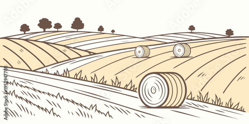 Rolling hills with hay bales and trees rural landscape agriculture