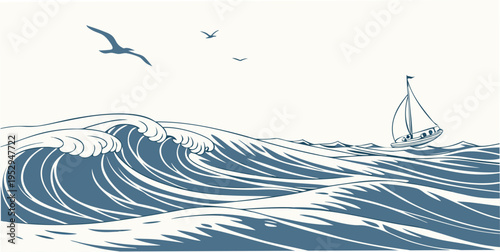 Sailboat on large ocean waves with seagulls flying nautical maritime
