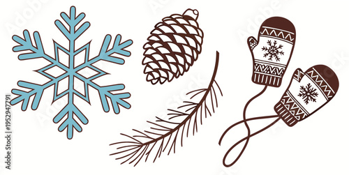 Winter accessories with snowflake pinecone and mittens