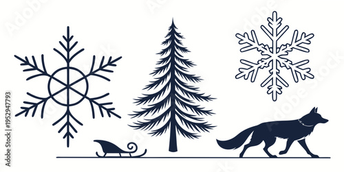 Winter scene with snowflakes tree dog and sleigh