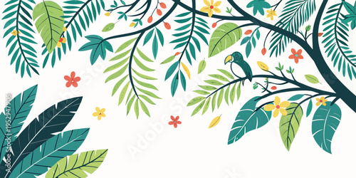 Colorful tropical leaves and flowers with a toucan colorful flowers white background