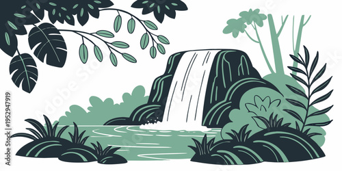 Dark green jungle waterfall flowing down rocky cliff with plants